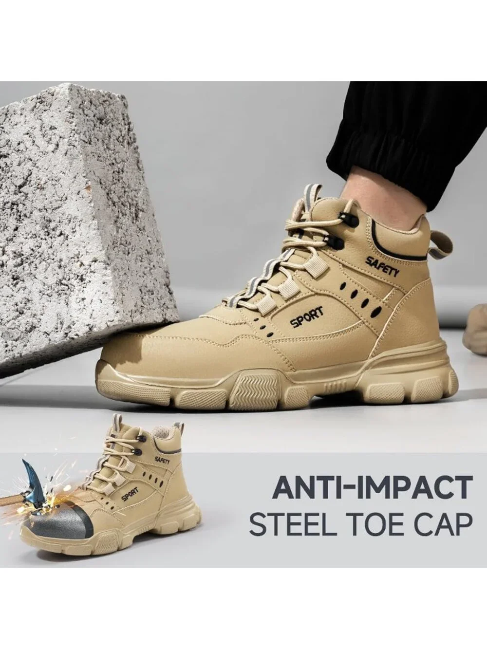 Men's Khaki Splashproof Shoes Casual High Top Steel Toe Non Slip Hiking Boot